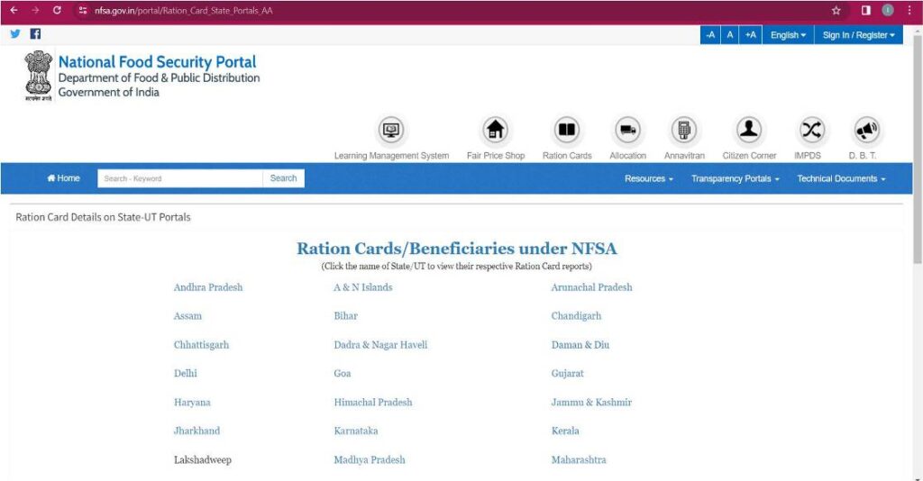 Ration card portal links