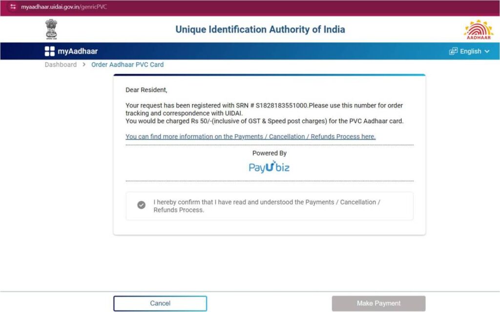 Payment for PVC Aadhaar card